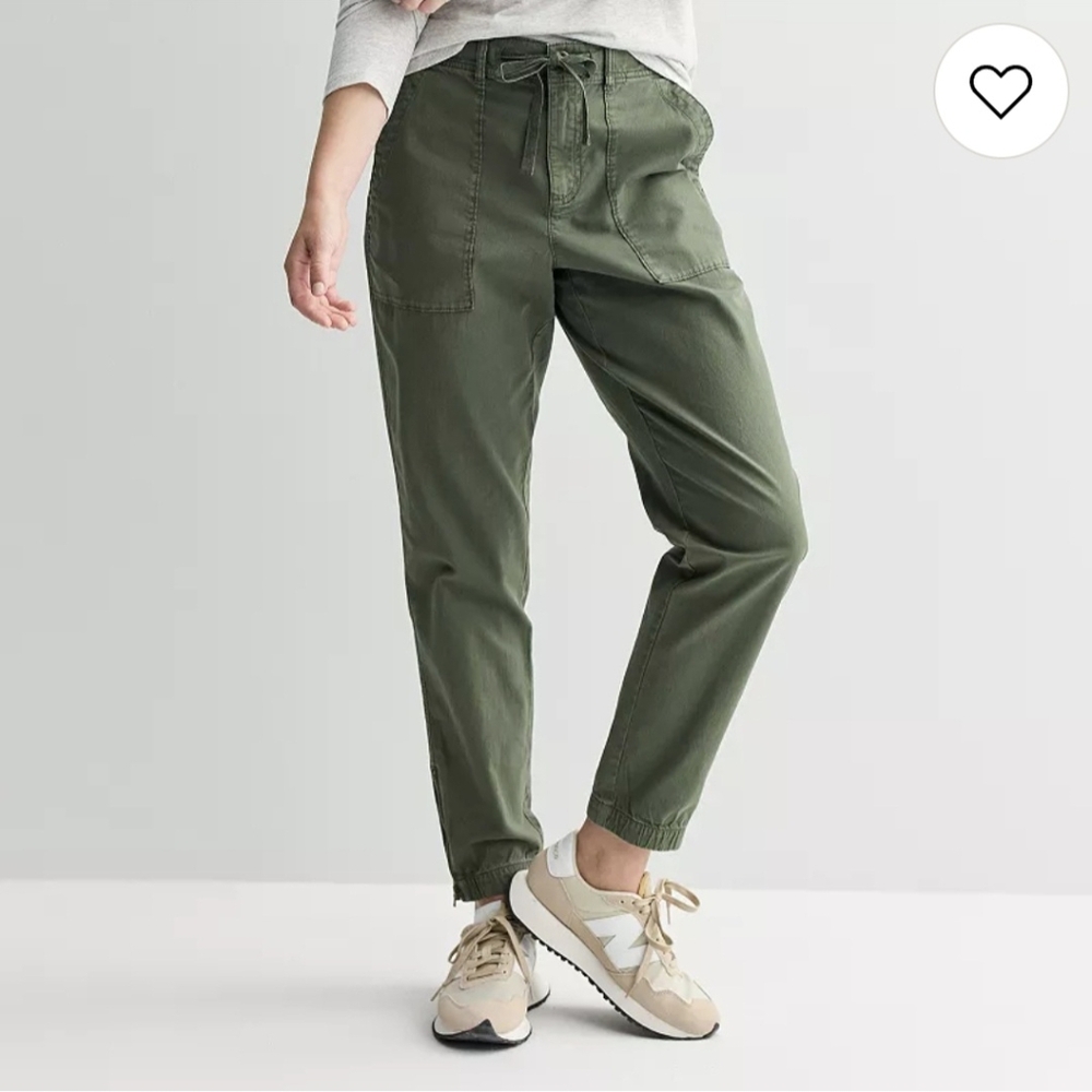 New Women's Mid Rise Joggers Stretch 1X Army Green Lightweight Pockets Tie Waist